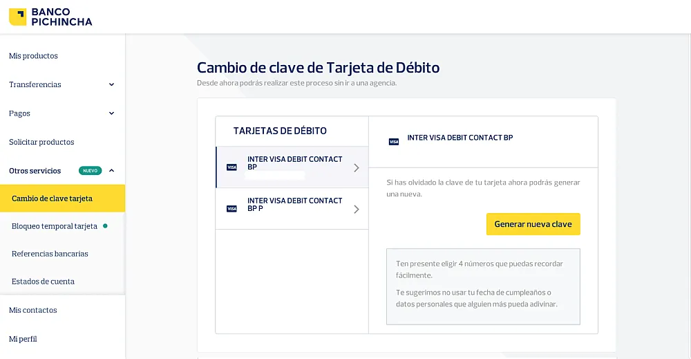 Cambio de clave de la tarjeta de débito en Banca Web Cambiar clave de la tarjeta de débito en Banca Web de Banco Pichincha"