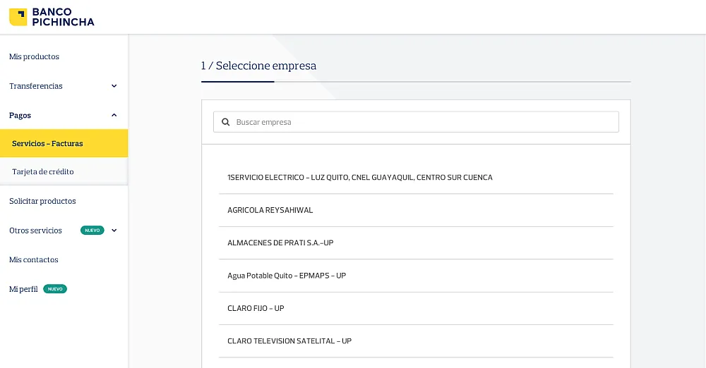 Pantalla principal de pagos en Banca Web Listado de empresas disponibles para pagos en Banca Web