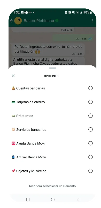 Lo que se puede hacer en WhatsApp de Banco Pichincha Ecuador Transacciones que se pueden hacer por WhatsApp de Banco Pichincha
